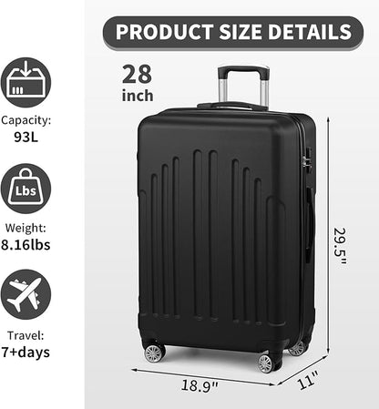 Karl home 28 Inch Check-in Luggage with Spinner Wheels, ABS Hardshell Checked Suitcase with TSA Lock, Durable Large Suitcase Rolling Luggage for Men Women, Black