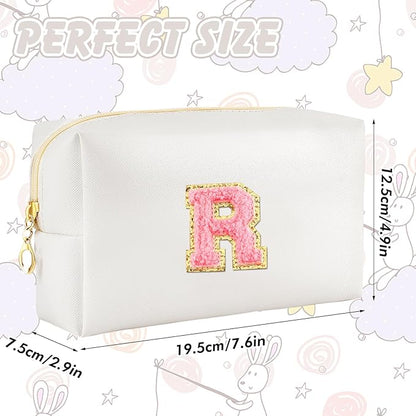 Initial Makeup Bag Personalized Preppy Travel Small Cosmetic Bag Cute PU White Chenille Letter Makeup Pouch for Purse Waterproof Zippered Toiletry Organizer for Women Girls Kids Friends (R)