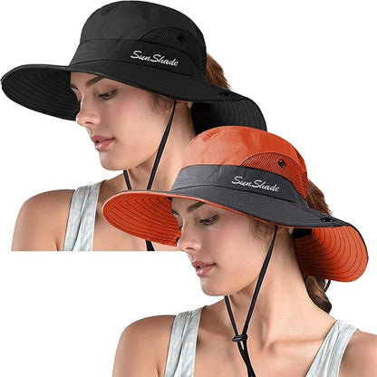 ZOORON Women's Ponytail Safari Sun Hat,Wide Brim UV Protection Outdoor Bucket Hat,Foldable Beach Summer Fishing Hat