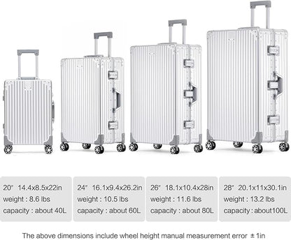 Metal All Aluminum Carry-on Luggage TSA Customs Lock Zipperless Silent Rotary Wheel Business Suitcase Aluminum Frame Set (black, 2Piece(20/28))