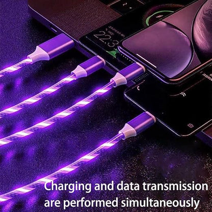 USB Cable PD Fast Charger Lighted Up (USB 3IN1 Purple),Phone Data Cable, Flowing Light Charging Cable, 39-inch, TPE Material, Compatible with Almost All Phones, Tablets, and Headphones.