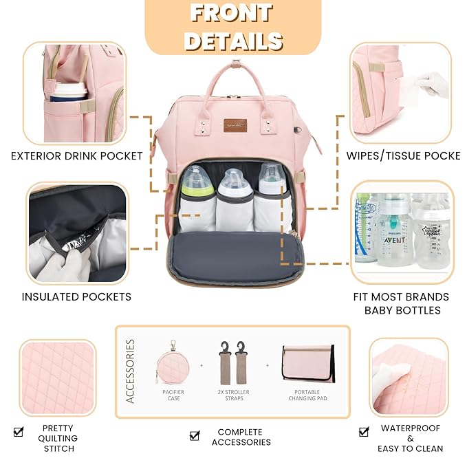 Pink Diaper Bag Backpack for Baby Girls - Baby Shower Gifts for Mom, Quilted Diaper Bag with Changing Pad, Pacifier Case, Insulated Pockets, Stroller Straps, 35L Large Capacity - Cute