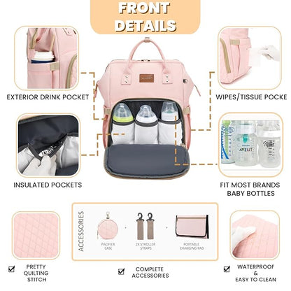 Pink Diaper Bag Backpack for Baby Girls - Baby Shower Gifts for Mom, Quilted Diaper Bag with Changing Pad, Pacifier Case, Insulated Pockets, Stroller Straps, 35L Large Capacity - Cute