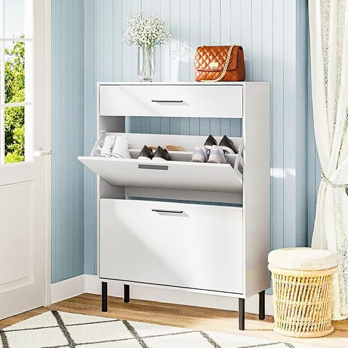 Narrow Shoe Storage Cabinet - Slim Shoe Cabinet with 2 Flip Drawers White Shoe Organizer Cabinet for Entryway & Front Door Entrance
