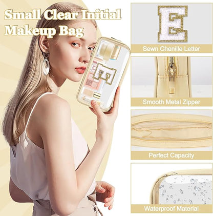 Small Clear Personalized Initial Makeup Bag,Nylon Preppy A-Z Chenille Letter Patch Cosmetic Pouch Beach Toiletry Bag,Waterproof Zipper Travel Purse Storage Bag Organizer for Women Girls(Beige-White E)
