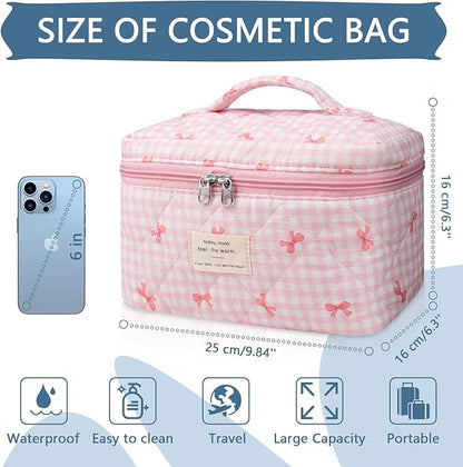 Large Makeup Bag, Cute Cosmetic Bag for Women Girls, Floral Coquette Aesthetic Toiletry Bag, Travel Make Up Organizer Bag (Pink Plaid Butterfly Flower）