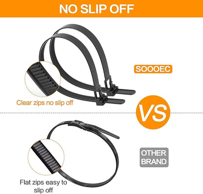 SOOOEC 100 Pack Reusable Zip Ties 10 inch Heavy Duty Outdoor UV Resistant, Releasable Black Zip Ties Indoor Round Ending No Hurt, Cable Ties Reusable Tie Wraps Non Slip Off
