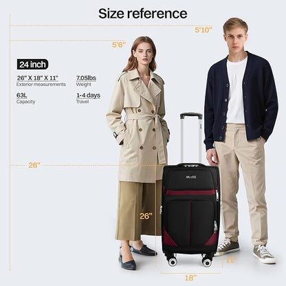 24'' Softside Expandable 15% Rolling Luggage with Double Spinner Wheels & w/LOCK,Lightweight Travel Luggage for Men Women（Black-Burgundy,24in）