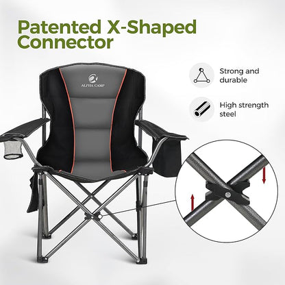 ALPHA CAMP Oversized Camping Folding Chair, Heavy Duty Support 450 LBS Steel Frame Collapsible Padded Arm Chair with Cup Holder Quad Lumbar Back, Portable for Outdoor