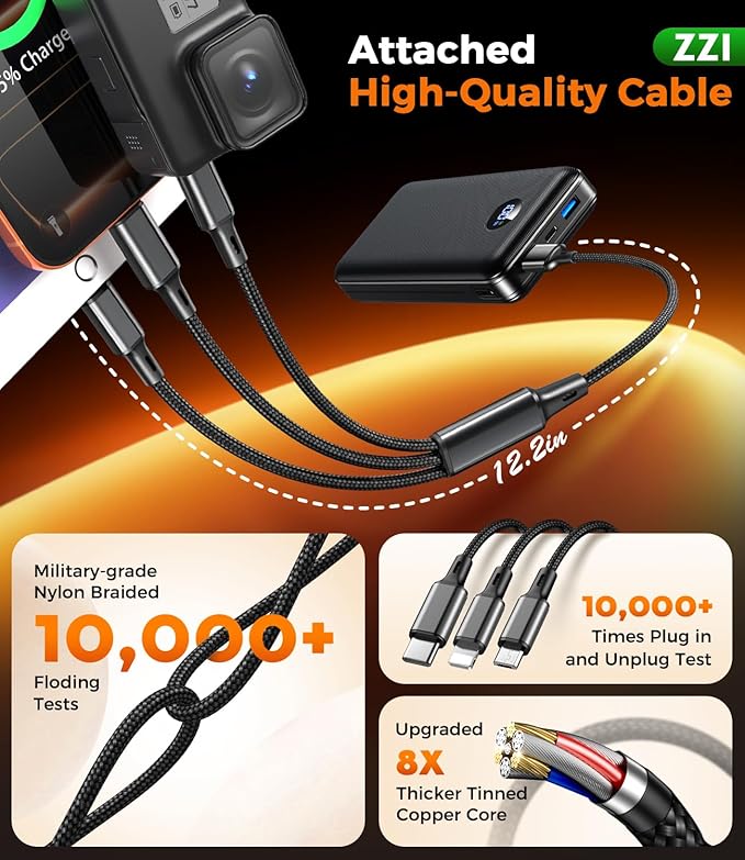 Portable Charger Power Bank, 60000mAh Battery Pack with 3 in 1 USB-C/iOS/Micro-USB Cable, 22.5W Fast Charging Portable Phone Charger, Travel Camping Essential Powerbank for iPhone 17/16/15/14 Samsung