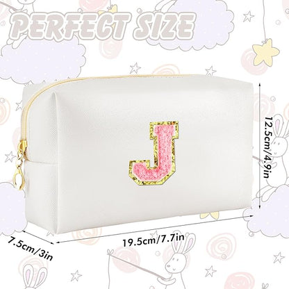 Initial Makeup Bag Personalized Preppy Travel Small Cosmetic Bag Cute PU White Chenille Letter Makeup Pouch for Purse Waterproof Zippered Toiletry Organizer for Women Girls Kids Friends (J)
