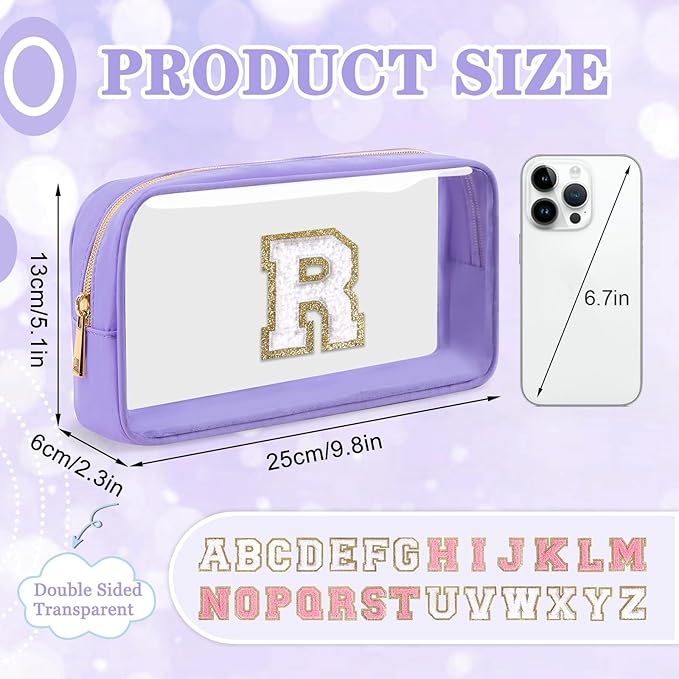 Small Clear Personalized Initial Makeup Bag,Nylon Preppy A-Z Chenille Letter Patch Cosmetic Pouch Beach Toiletry Bag,Waterproof Zip Travel Purse Storage Bag Organizer for Women Girls(Purple-White R)