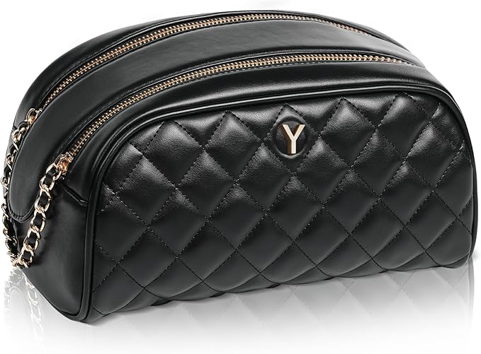 COSHAYSOO Unique Christmas Valentines Easter Mothers Day Travel Gifts for Women Mom Teacher Nurse Adult Daughter, Black Personalized Makeup Bag Quilted Leather Cosmetic Bags Monogram Initial Letter Y