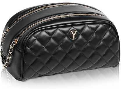 COSHAYSOO Unique Christmas Valentines Easter Mothers Day Travel Gifts for Women Mom Teacher Nurse Adult Daughter, Black Personalized Makeup Bag Quilted Leather Cosmetic Bags Monogram Initial Letter Y