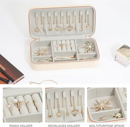 Travel Jewelry Case, Small Jewelry Organizer Box Portable Jewellery Box for Rings Earrings Necklaces Bracelets, Beige C