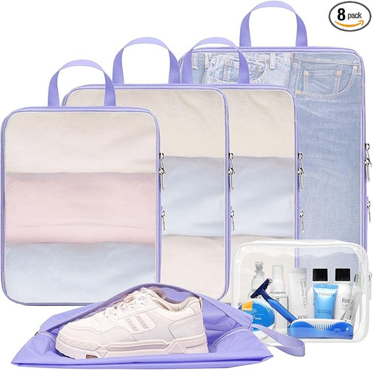 Cambond Mesh Compression Packing Cubes - 6 Set See Through Clear Packing Cubes with Shoe Toiletry Bag for Suitcase, Expandable Travel Cubes for Packing Organizers Travel Accessories, Purple