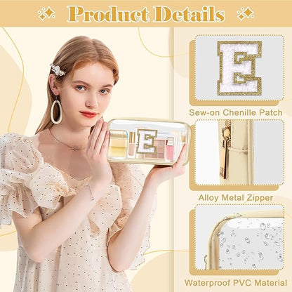 Personalized Initial Letter Clear Makeup Bag,Small Nylon&PVC Cosmetic Zipper Bag with Chenille Letter,Portable Beach Travel Skincare Toiletry Bag,Trendy Monogram Gift for Teen Girls Women,E