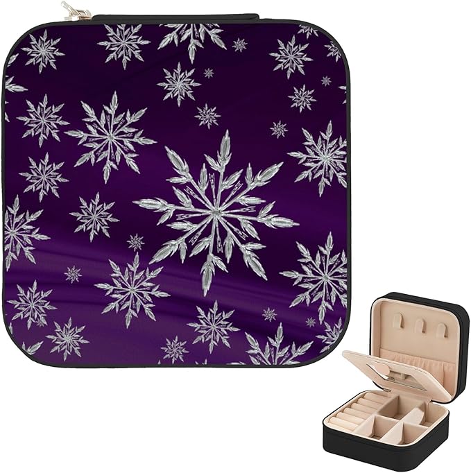 Christmas Purple Snowflake Jewelry Case with Mirror, Small Travel Jewelry Organizer, Portable Mini Storage Box for Rings, Earrings, Necklaces, Gift for Mother Mom, Girl, Bridesmaids, Mother's Day