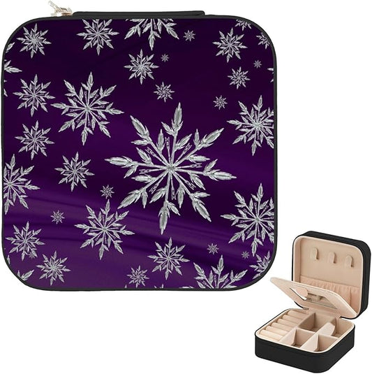 Christmas Purple Snowflake Jewelry Case with Mirror, Small Travel Jewelry Organizer, Portable Mini Storage Box for Rings, Earrings, Necklaces, Gift for Mother Mom, Girl, Bridesmaids, Mother's Day