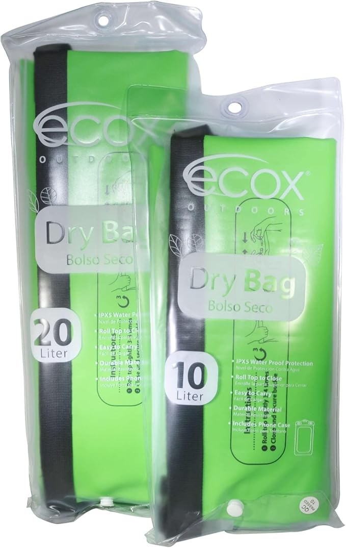 ecox Outdoors Waterproof Dry Bag for Outdoors Activities High Grade 500D PVC Construction Includes Waterproof Phone Case and Side Strap for Easy Carry 10L and 20L Models