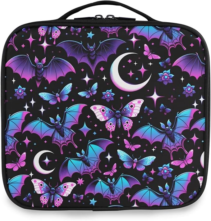 MNSRUU Travel Makeup Bag, Neon Purple and Bats Stars and Moons Women Makeup Case Organizer Cosmetic Toiletry Bag for Teenage Girl with Adjustable Dividers