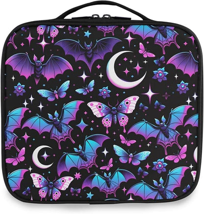 MNSRUU Travel Makeup Bag, Neon Purple and Bats Stars and Moons Women Makeup Case Organizer Cosmetic Toiletry Bag for Teenage Girl with Adjustable Dividers