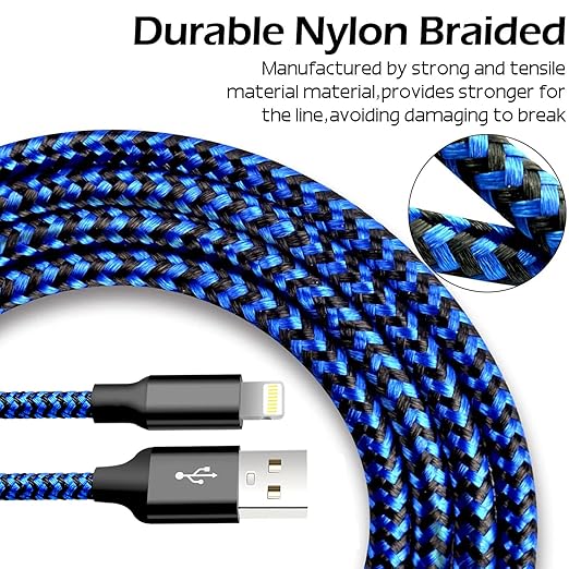 cugunu iPhone Charger, 5 Pack 3/3/6/6/10FT Apple MFi Certified USB Lightning Cable Nylon Braided Fast Charging Cord Compatible for iPhone 14/13/12/11/X/Max/8/7/6/5/SE/Plus/iPad - Black Blue