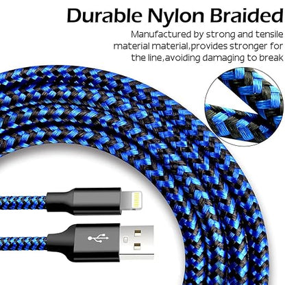 cugunu iPhone Charger, 5 Pack 3/3/6/6/10FT Apple MFi Certified USB Lightning Cable Nylon Braided Fast Charging Cord Compatible for iPhone 14/13/12/11/X/Max/8/7/6/5/SE/Plus/iPad - Black Blue