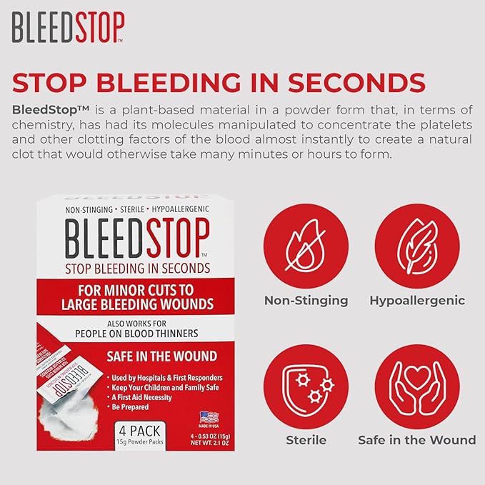 BleedStop™ First Aid Powder for Blood Clotting, Trauma Kit, Blood Thinner Patients, Camping Safety, and Survival Equipment for Moderate to Severe Bleeding Wounds or Nosebleeds - 2 (20g) Pouches