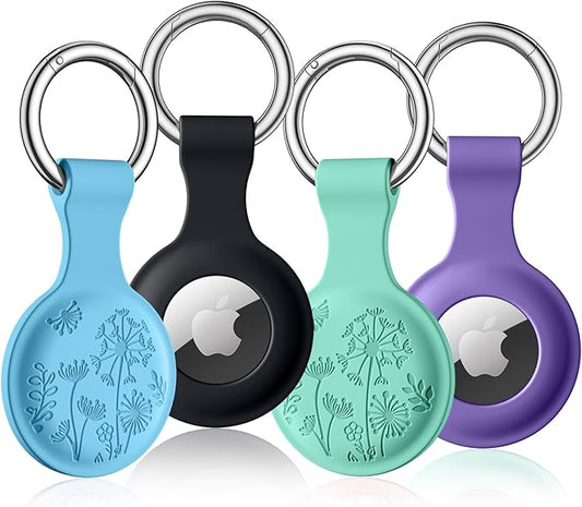 Lerobo Flower Engraved 4 Pack for Airtag Holder,Silicone Airtag case Compatible with Apple Air Tag Case with Keychain, Shockproof & Dustproof Airtag Holders for Pet Tracking, Bags, Kids, Keys, Luggage