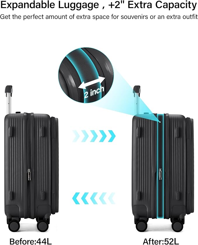 Hanke 20 Inch Expandable Carry On Luggage Airline Approved Top Opening Travel Luggage Rolling Suitcase with Cup Holder Hard Shell Suitcases with Wheels (Jet Black)
