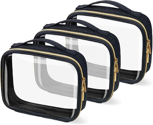 TSA Approved Travel Toiletry Bag,3 Pack Clear Makeup Bags with Handles,Quart Size Clear Cosmetic Bags for Traveling Women,Men,Carry on Airport Airline Compliant Bag,Black