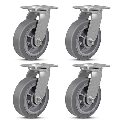 6"x2" Rubber Wheels (Flat Tread)- Heavy Duty Casters, Industrial Caster Wheels- Set of 4 with up to 4000 LB Capacity- Use for Dollies, Workbench(4 Swivel)