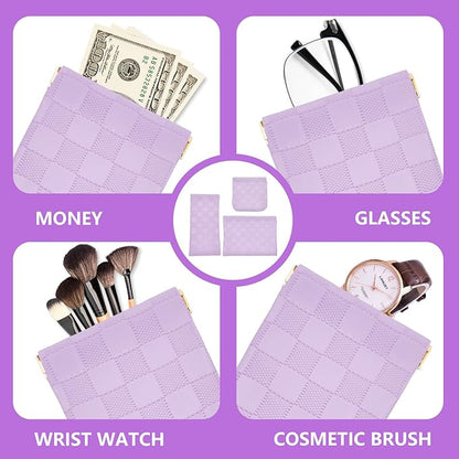 3PCS Small Makeup Bag for Women, Mini Cosmetic Bags Leather Pocket Pouch Purse,Snap Closure Waterproof Portable Bag,Checkered Storage Travel Bag for Lipstick Change Glasses Coin Cards (Purple)