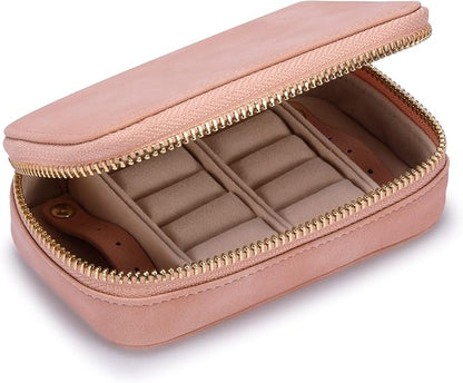 HISCOW Vegan Leather Travel Jewelry Case with Zipper - Portable Necklace & Earring Holder Organizer for Women Girls, Velvet-Lined Ring Box with Anti-Tarnish Design, Pink