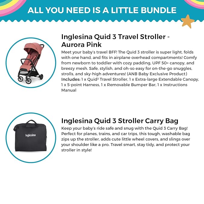 Inglesina Quid 3 Travel Stroller - Aurora Pink | Lightweight Travel Stroller for Airplane, Umbrella Stroller for Baby & Toddler 0-55 lbs, Car Seat Compatible w/Carry Bag & Wheel Covers - Bundle Kit