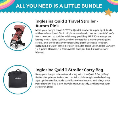 Inglesina Quid 3 Travel Stroller - Aurora Pink | Lightweight Travel Stroller for Airplane, Umbrella Stroller for Baby & Toddler 0-55 lbs, Car Seat Compatible w/Carry Bag & Wheel Covers - Bundle Kit