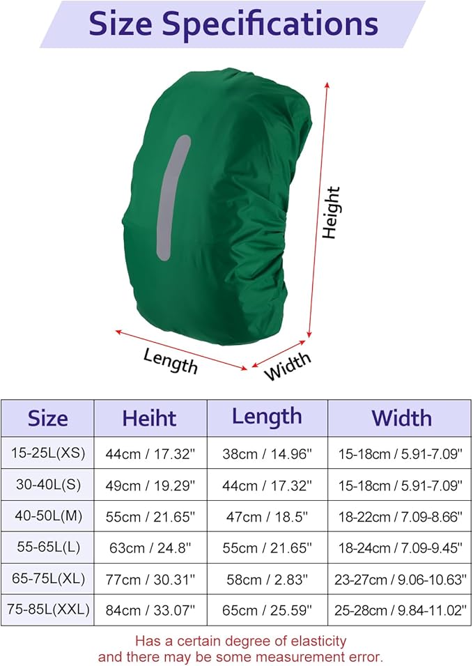 Waterproof Backpack Rain Cover - Non Slip Bag Cap with Vertical Reflector Strap Keep Drying Water Proof for Climbing - 65-75L - Dark Green - XL Size