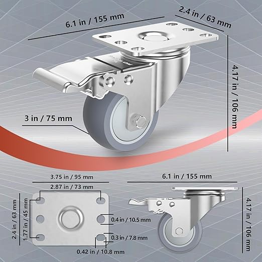 3 Inch Stainless Steel Caster Wheels with Brake, Heavy Duty 304 Casters Set of 4, Non-Marking TPR Quiet Wheels, 2600 lbs, Swivel for Furniture, Labs, Kitchens, Industrial with Hardware Kits
