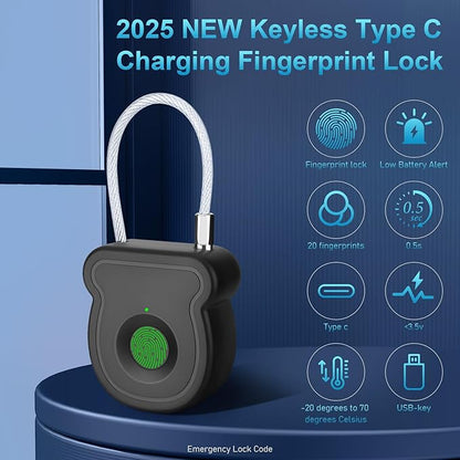 Fingerprint Padlock Lock with Key Backup, Biometric Metal Keyless Thumbprint Lock, Waterproof, USB Rechargeable, for Gym Locker, School Locker, Luggage, Backpack, Suitcase