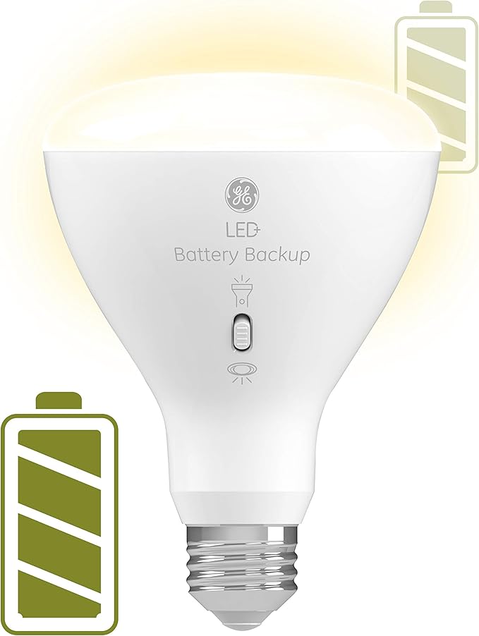 GE LED+ Battery Backup LED Light Bulbs, Emergency Light Bulb for Power Outages + Flashlight, BR30 Indoor Floodlights (3 Pack)