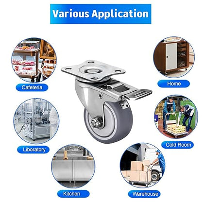 2 Inch Stainless Steel Caster Wheels Set of 4, Rustproof 360° Swivel Casters with Brake, Silent and Floor-FriendlyThermoplastic Rubber Wheels for Furnitures,Labs,Hospitals,Restaurants