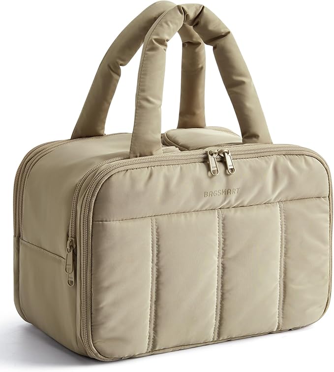 BAGSMART Travel Toiletry Bag, Puffy Large Toiletry Bag for Women, Lightweight Cosmetic Makeup Bag Organizer with Handle for Traveling, Accessories, Essentials, Toiletries (Grayish Brown)