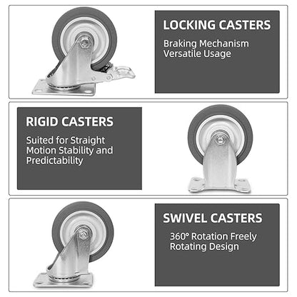4 Inch Caster Wheels, Rubber Wheels Silent Castor- Set of 4 Heavy Duty Caster Wheels with Brake 1600Lbs, Industrial Plate Casters Wheels for Cart Furniture Workbench (2 Brake & 2 Rigid)