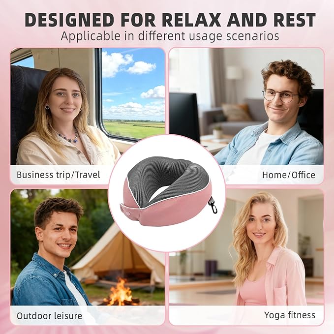 Memory Foam Travel Neck Pillow - with Portable Storage Case, 360° Ergonomic Support for Airplanes & Office, Compact & Portable (Pink)