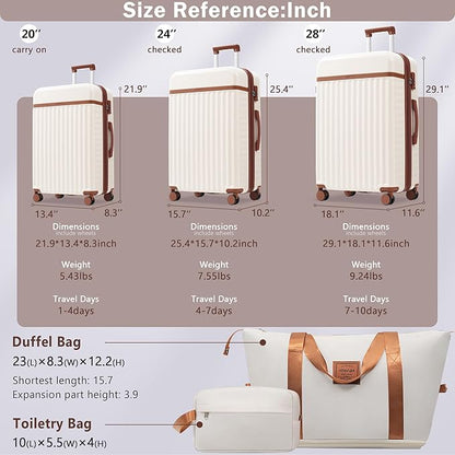 Merax 3 Piece Luggage Sets, Hardside Lightweight Carry on Suitcase,Durable Expandable Luggage with Travel Bags Spinner Wheels and TSA Lock,White and Brown