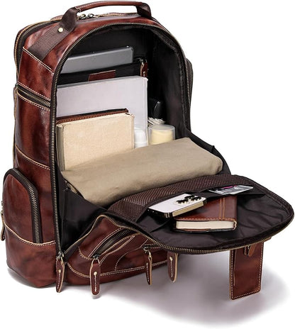 LANNSYNE Full Grain Leather Backpack For Men, Fits 16" Laptop, Coffee
