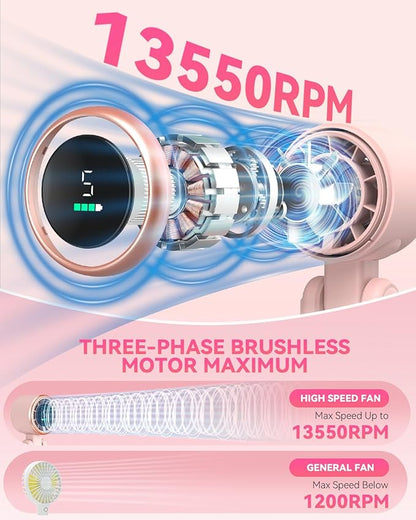 Portable Handheld Turbo Fan, 5-Speed Personal Fans, 5000mAh Rechargeable Fans Up to 12 Hours, Weight only 0.6lb Small Fan, Hand/Neck/Desk Fan 3 IN 1, Beach Vacation Essentials(Pink)