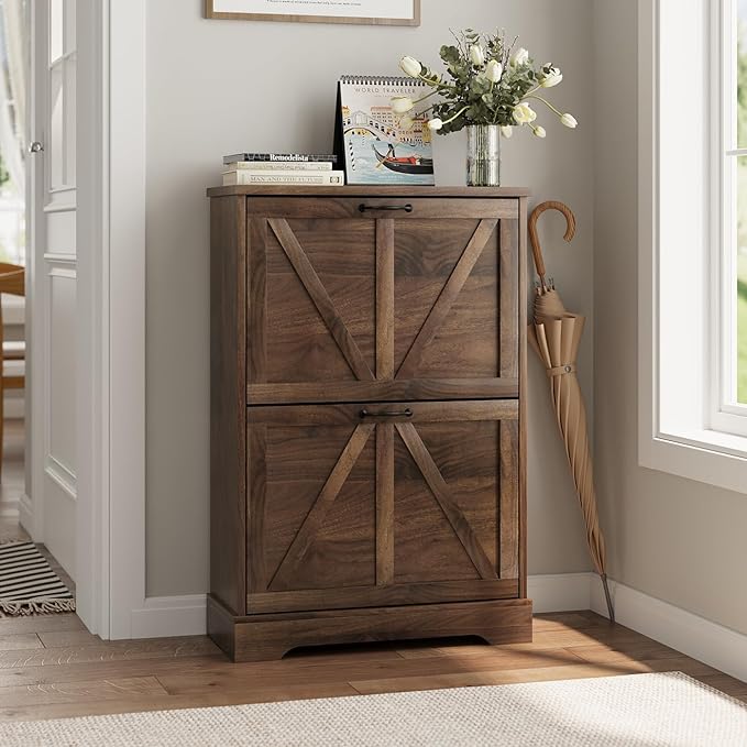 Shoe Cabinet, Shoe Storage Cabinet for Entryway with 2 Flip Drawers, Narrow Farmhouse Shoe Organizer Cabinet, Slim Shoe Rack Cabinet, 23.6in Walnut