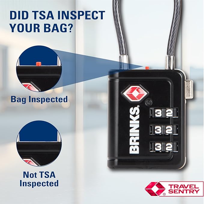 Brinks TSA Accepted Indicator Luggage Lock, Black - Resettable 3-Dial Combination, 2.5 inch Long Cable Shackle, New More Secure TSA008 Key, 4 Pack